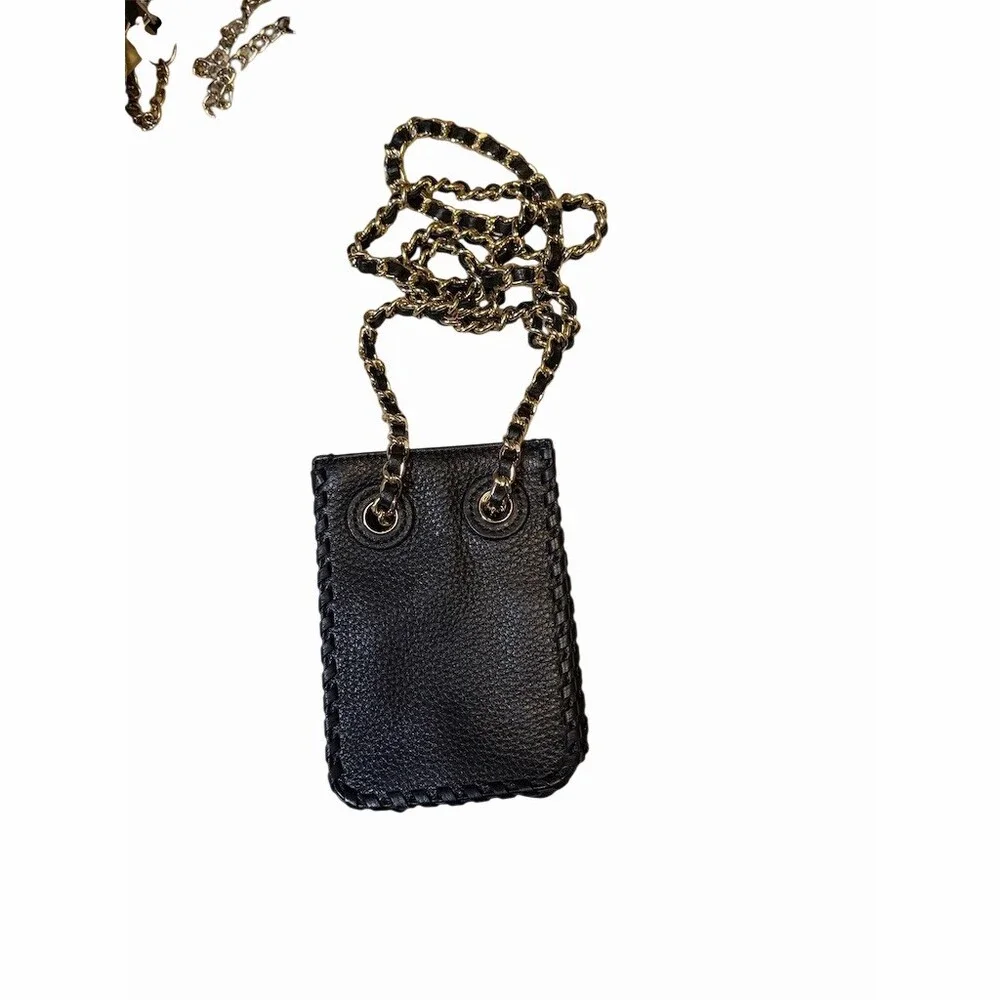 Tory Burch Phone Crossbody Bag Black Pebbled Leather With Gold Chain Strap